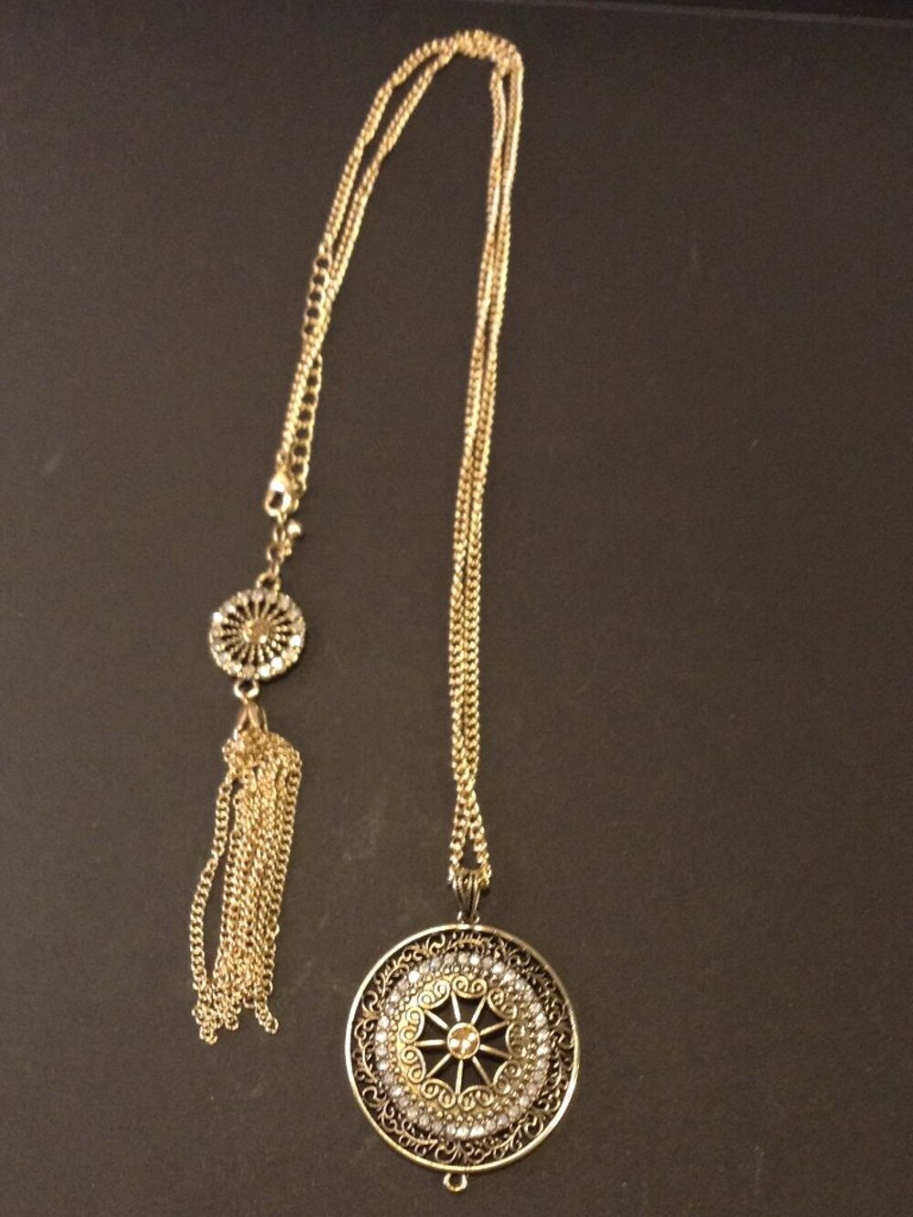NWOT 24" Gold-tone Rhinestones INC brand Bold Tassels Gypsy Boho Vibes Statement